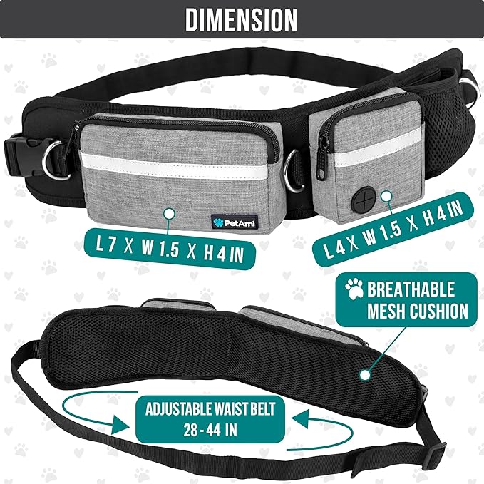 PetAmi Hands Free Dog Leash, Dog Running Leash Belt Bag for Walking, Jogging, Waist Double Zipper Pouch with Poop Bag Dispenser, Dual Padded Handle Reflective Leash, Single, Heather Grey, 1 Leash