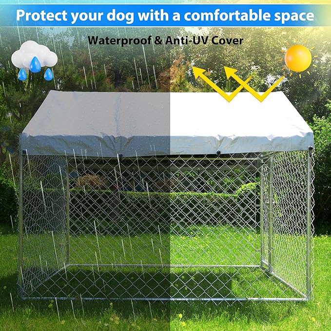6.8x6.8ft Large Dog Kennel Outdoor, Heavy-Duty Outside Dog Kennel with Roof, Security Latch-Lock Door, Chain-Link Dog Enclosure Dog Run for Yard with Cover