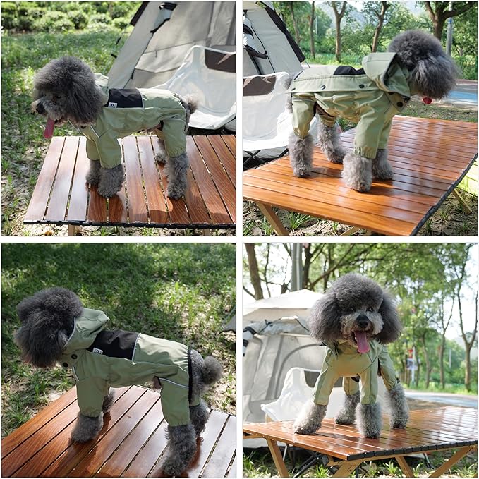 LOVELONGLONG Fleece-Lined Dog Raincoat with Removable Hood – Waterproof Winter Full Body Dog Jacket – Windproof Snowproof Cold-Weather Suit – Green-F XS