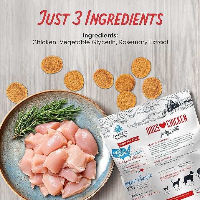 Farmland Traditions Dogs Love Chicken Jerky Dog Treats with Only 3 Ingredients and No Fillers, 1 Pound Bag