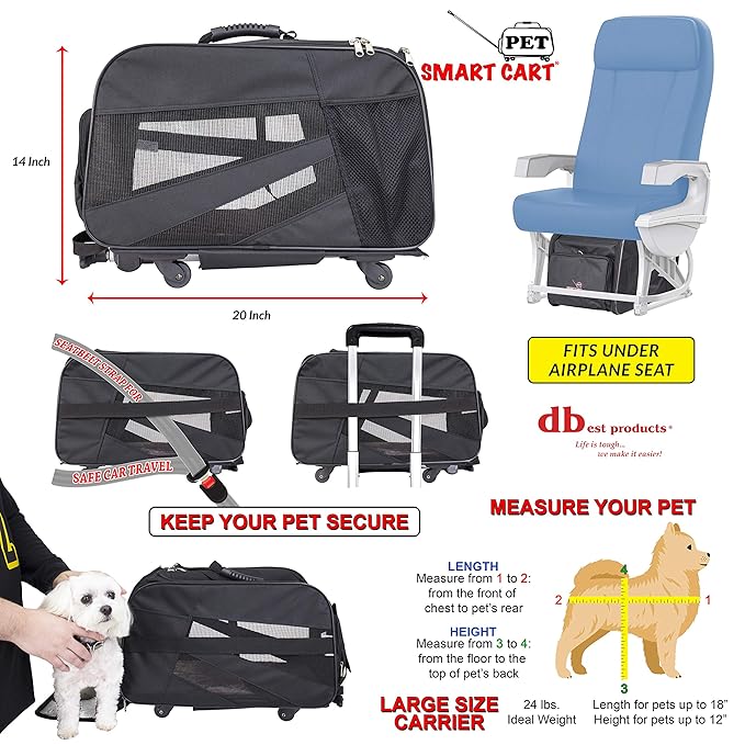dbest products Smart Cart Pet Carrier with Wheels, Airline Approved Dog and Cat Carrier with Telescoping Handle, 21x12x12in, 24 lb Capacity, Black