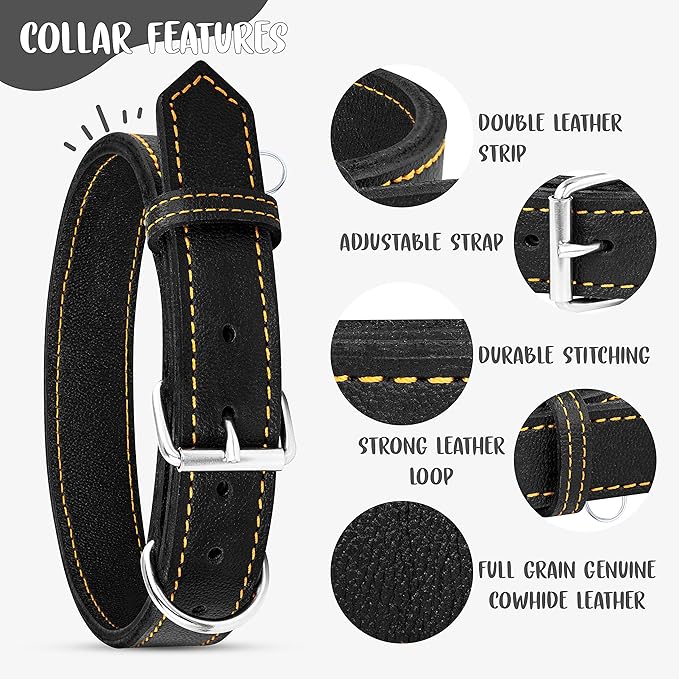 Riparo Dog Collar - Genuine Leather Dog Collars - Heavy Duty Dog Collar for Medium Large and Extra Large Dog Breeds (XXL: 1.75” Wide for 26” - 31” Neck, Black/Orange Thread)