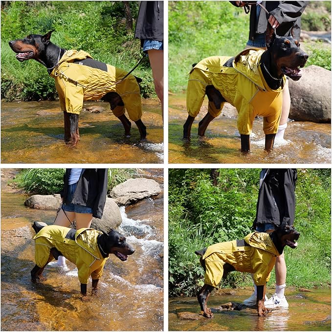 LOVELONGLONG Waterproof Dog Raincoat with Removable Hood – Outdoor Full Body Dog Jacket, Windproof Snowproof Shell Suit – All Season Pet Rain Gear Mustard Yellow XXL