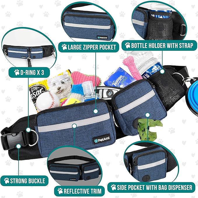 PetAmi Hands Free Dog Leash, Dog Running Leash Belt Bag for Walking, Jogging, Dog Waist Double Zipper Pouch with Poop Bag Dispenser, Dual Padded Handles Reflective Bungee Leash, Single, Navy, 1 Leash