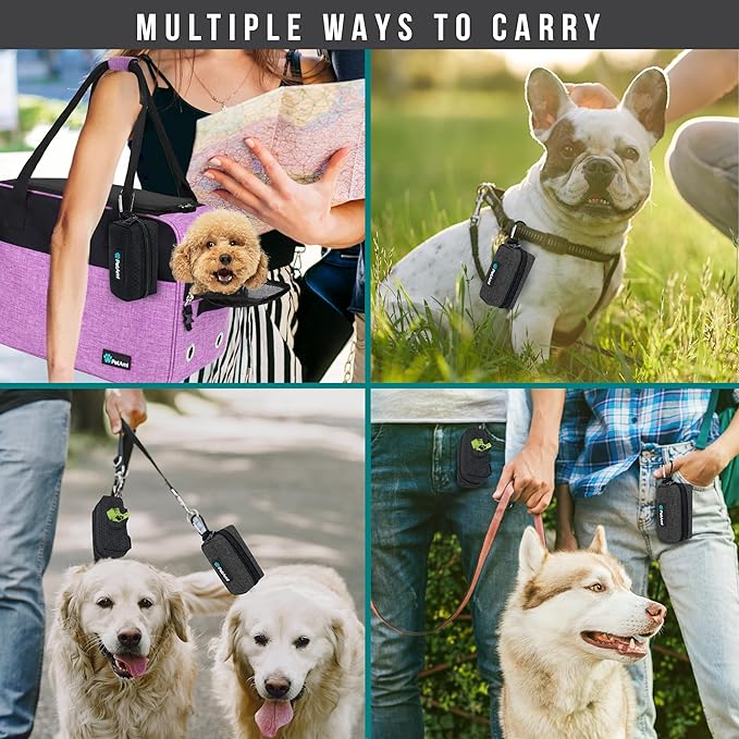 PetAmi Dog Poop Bag Holder for Leash Attachment, Doggie Zipper Pouch Soft Fabric Poop Bag Carrier, Dog Pet Waste Bag Dispenser with Carabiner Clip, 1 Roll of Dog Trash Bag (Black/Gray, 2 Pack)