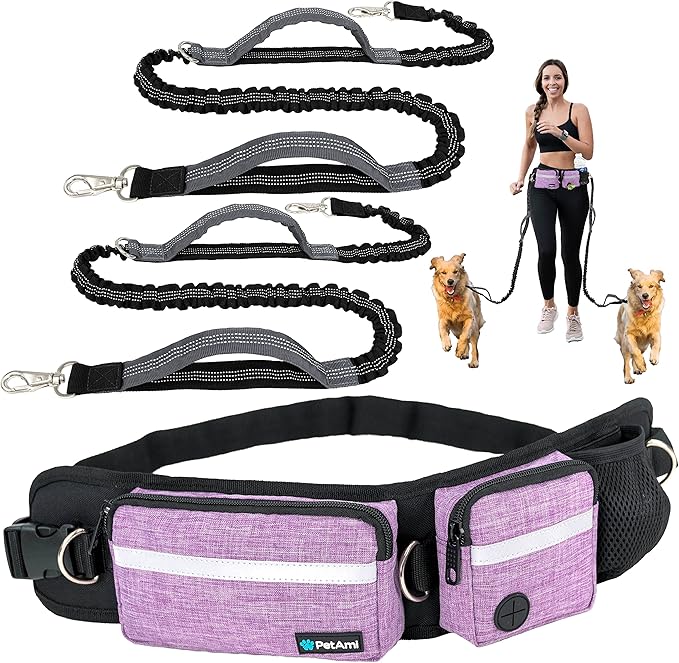PetAmi Hands Free Dog Leash, Running Leash Belt Bag for Walking, Jogging, Waist Double Zipper Pouch with Poop Dispenser, Dual Padded Handles Reflective Bungee Double, Purple, 2 Leashes