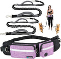 PetAmi Hands Free Dog Leash, Running Leash Belt Bag for Walking, Jogging, Waist Double Zipper Pouch with Poop Dispenser, Dual Padded Handles Reflective Bungee Double, Purple, 2 Leashes