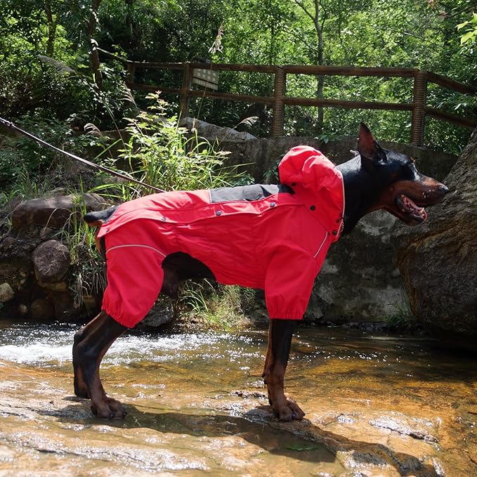 LOVELONGLONG Waterproof Dog Raincoat with Removable Hood – Outdoor Full Body Dog Jacket, Windproof Snowproof Shell Suit – All Season Pet Rain Gear Red S