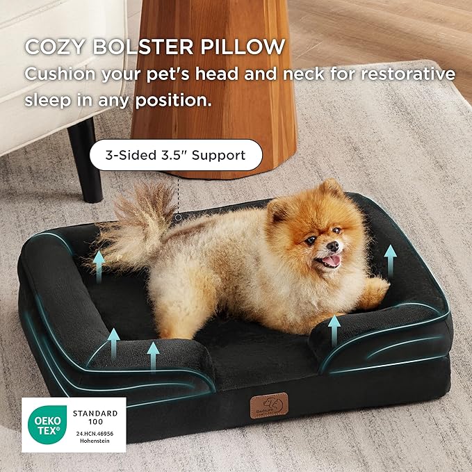 Bedsure Orthopedic Dog Beds for Small Dogs - Washable Small Dog Cat Bed Waterproof, Comfort Pet Couch Sofa with Washable Removable Cover, Pets Bed with Nonskid Bottom, Black, 24"