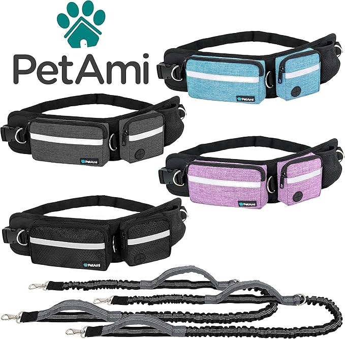 PetAmi Hands Free Dog Leash, Dog Running Leash Belt Bag for Walking, Jogging, Dog Waist Double Zipper Pouch with Poop Bag Dispenser, Dual Padded Handles Reflective Bungee Leash, Double (Black)