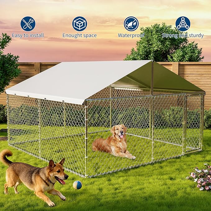 Large Outdoor Dog Kennel with Waterproof & UV-Resistant Roof, Galvanized Dog Kennel, Heavy Duty Dog Playpen for Outside Backyard Farm Use, 10x10x6ft