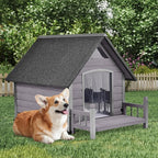 GUTINNEEN Dog House Outdoor Weatherproof with Porch, Puppy Shelter Indoor with Anti-Bite Design, PVC Curtain, Asphalt Roof, Elevated Waterproof Base, for Small to Medium Dogs - Grey