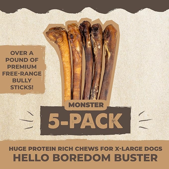 Mighty Paw Naturals Bully Sticks - All-Natural Protein-Rich Dog Chews from Grass-Fed Beef. Single-Ingredient Pet Treat for Dental Health. Keeps Chewers Busy - Dental Chew Dog Bully Stick