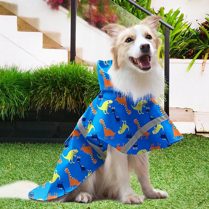 NACOCO Large Dog Raincoat Adjustable - Pet Dinosaurs Water Proof Clothes Lightweight Rain Jacket Poncho Hoodies with Strip Reflective Blue (L, Blue Dinosaur)