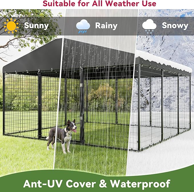 Large Dog Kennel with Roof, Outdoor Heavy Dog Cage for Big Dogs, 118x118x70.9 Galvanized Dog Fence Pen with Double Secure Locks，Weatherproof ，for Large Dogs