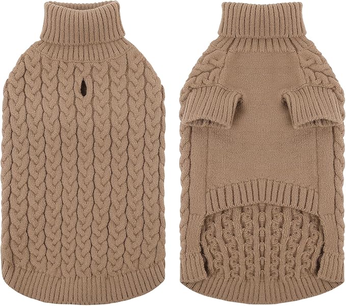 SAWMONG Dog Sweater, Dog Sweaters for Small Dogs Girls Boys, Pullover Turtleneck Knitted Doggy Sweatshirt, Cold Weather Pet Clothes（Khaki, X-Small