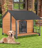 Gutinneen Large Dog House Outdoor with Strength Metal Frame, Outside Dog House with Waterproof Roof, PVC Curtain, Fir Wood Patio, Design for Small & Medium & Large Dogs