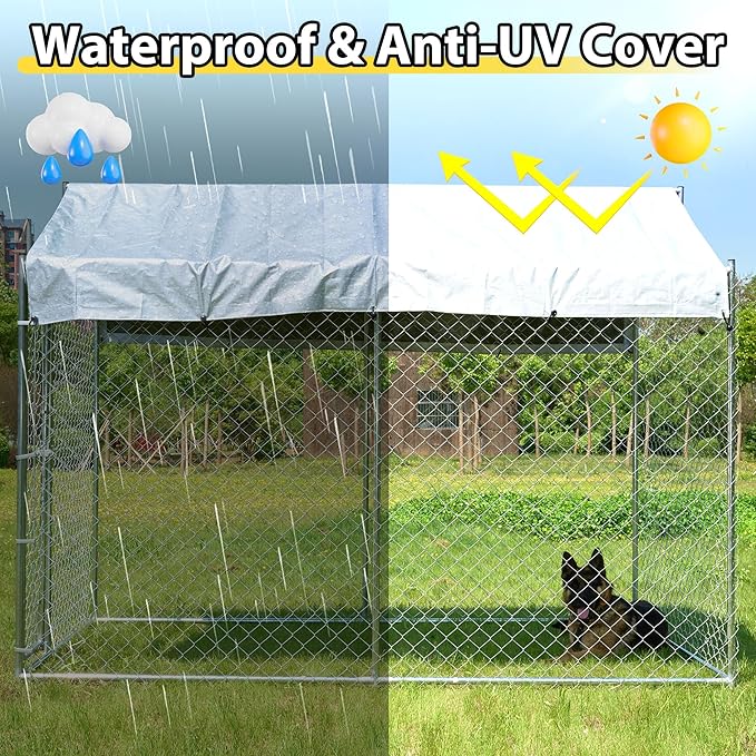 Large Dog Kennel Outdoor, Outside Dog Run Enclosure Heavy Duty Galvanized Steel Chain Link Metal Dog Pen House with Lockable Door and Water-Resistant Roof, for Medium and Large Dogs(10'x6'x7.65')