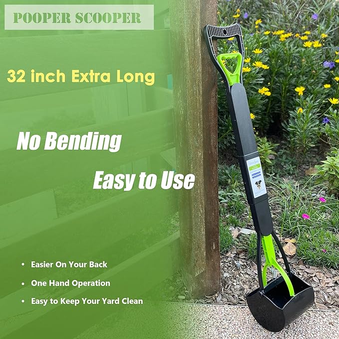 32" Pooper Scooper for Large Small Dogs with 30 Dog Poop Bags & Dispenser Attachment, Extra Long Handle Heavy Duty Poop Scoop, Foldable Dog Poop Picker Upper for Yard