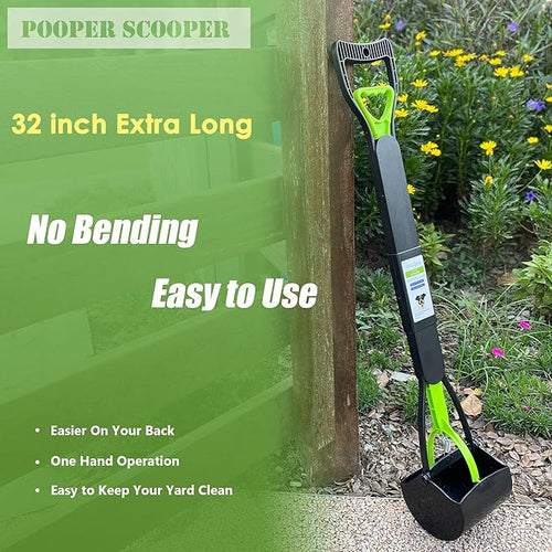 32" Pooper Scooper for Large Small Dogs with 30 Dog Poop Bags & Dispenser Attachment, Extra Long Handle Heavy Duty Poop Scoop, Foldable Dog Poop Picker Upper for Yard