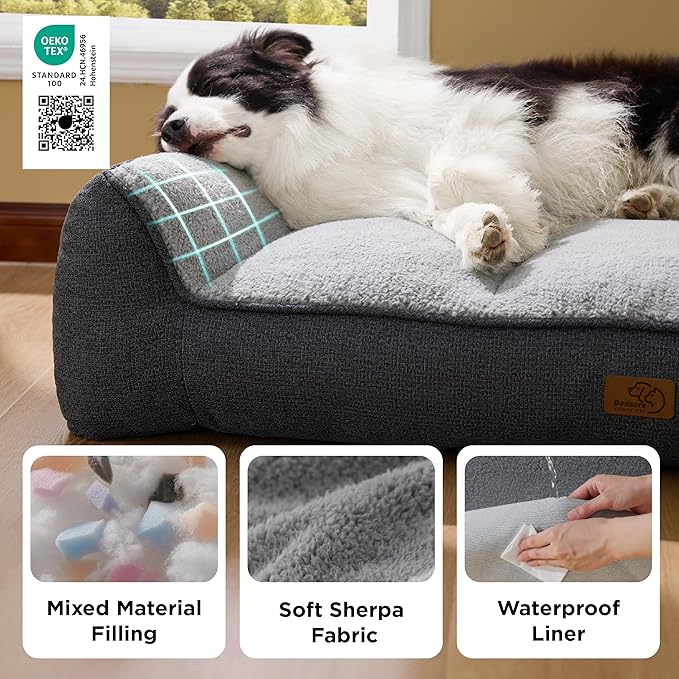Bedsure Orthopedic Dog Beds Large Medium Sized Dog - Extra Thick Supportive Medium Dogs Bed with Waterproof Washable Cover, Comfort Pet Bed Sofa with Soft Plush Sherpa and Nonskid Bottom, Grey, 35"