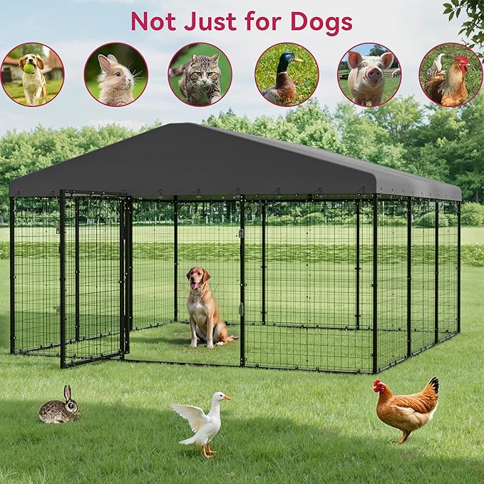 Large Dog Kennel with Roof, Outdoor Heavy Dog Cage for Big Dogs, 118x118x70.9 Galvanized Dog Fence Pen with Double Secure Locks，Weatherproof ，for Large Dogs