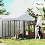 PawHut 6' x 6' x 6' Outdoor Dog Kennel, Welded Wire Dog Kennel Outside Run with 360° Rotating & 4 Level Adjustable Bowls, Waterproof & UV Resistant Cover, for S&M&L Breeds, Chickens, Ducks, Silver