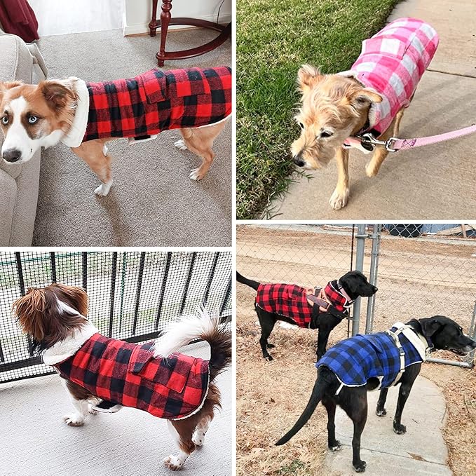 Malier Dog Winter Coat, Classic Plaid Fleece Dog Cold Weather Coats Dog Jacket with Pocket, Windprood Warm Dog Coat Vest Winter Pet Clothes Apparel for Small Medium Large Dogs (Red, XXX-Large)