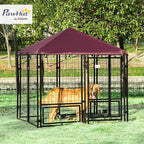 PawHut 4.6' x 4.6' x 5' Outdoor Dog Kennel, Welded Wire Dog Kennel Outside Run with 360° Rotating Bowls, Waterproof & UV Resistant Cover, for S&M Breeds, Chickens, Ducks, Red