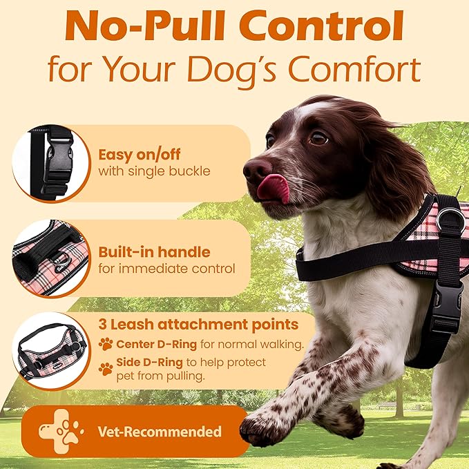 Bark Appeal Pink Plaid No-Pull Dog Harness for XS to Small Sized Pets – Adjustable, Reflective Vest with 3 Leash Clips for Added Control, Easy Walks & Training – Small