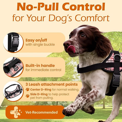 Bark Appeal Pink Plaid No-Pull Dog Harness for XS to Small Sized Pets – Adjustable, Reflective Vest with 3 Leash Clips for Added Control, Easy Walks & Training – Small