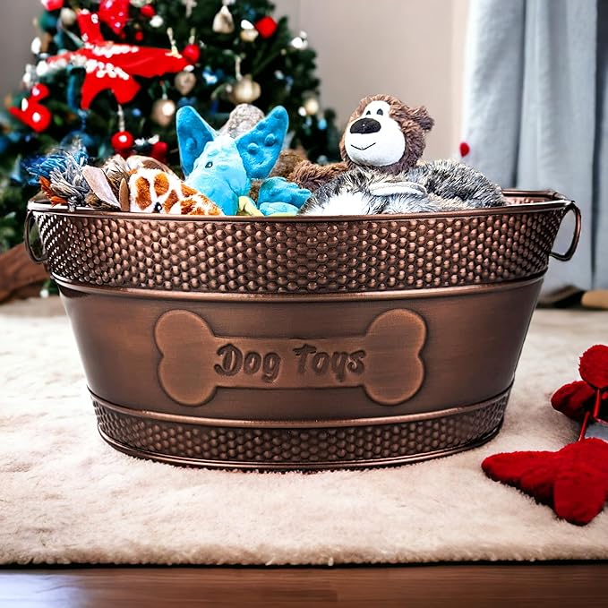 BREKX Indestructible Metal Dog Toy Bin - Copper Galvanized Storage Bin with Handles, Pet Storage Organizer - Ropes, Blankets, & Leashes, Bone Design Pet Toy Box (15-Quart)