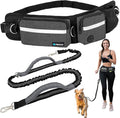 PetAmi Hands Free Dog Leash, Dog Running Leash Belt Bag for Walking, Jogging, Dog Waist Double Zipper Pouch with Poop Bag Dispenser, Dual Padded Handles Reflective Bungee Leash, Single (Charcoal Grey)