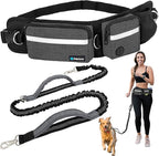 PetAmi Hands Free Dog Leash, Dog Running Leash Belt Bag for Walking, Jogging, Dog Waist Double Zipper Pouch with Poop Bag Dispenser, Dual Padded Handles Reflective Bungee Leash, Single (Charcoal Grey)