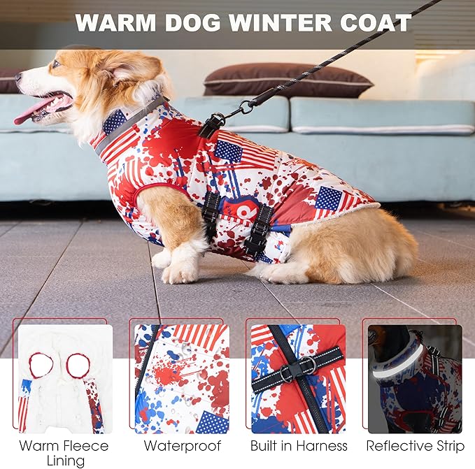 Large Dog Coat with Harness Built-in, Waterproof Reflective Fleece Lined - Warm Windproof Winter Jacket with Back Zipper, Cold Weather Snow Dog Coats - Flag - 3XL