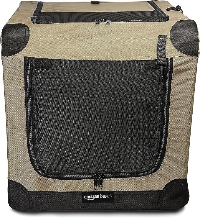 Amazon Basics 2 Door Foldable and Portable Travel Pet Kennel for Cat, Dog, Rabbit, 26 inch, Tan, S 26" x 18" x 18"