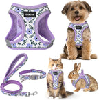 GAMUDA Small Dog Harness Collar and Leash Set, Step in No Chock No Pull Soft Mesh Adjustable Dog Vest Harnesses Plaid Reflective for Dogs Puppy Cats Kitten Rabbit (Purple Flower, M)