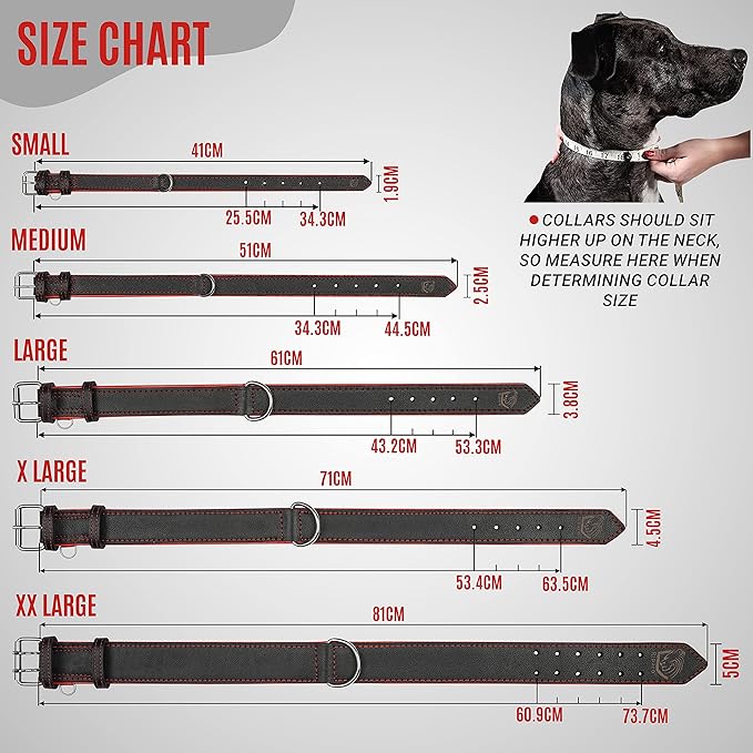 Riparo Adjustable Leather Dog Collar - Heavy Duty Wide Dog Collar for Small, Medium, Large and Extra Large Dogs with Dog Tag Holder (L: 1.5" Wide for 17"-21" Neck, Black/Red Thread)