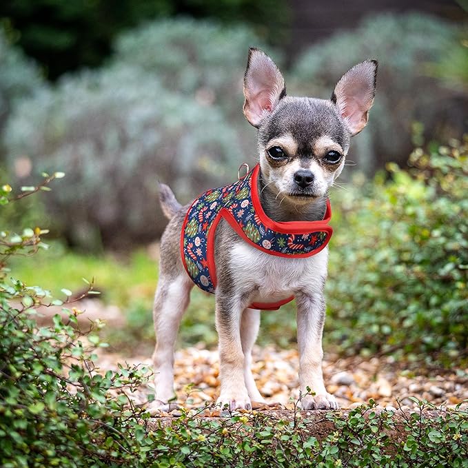 Mile High Life Velcro Dog Harness, Air Mesh Floral Vest Harness for 20 lbs Small Dogs & Cats, Easy Get on Adjustable Easy Closures Both Neck and Chest(Red Tree, S Chest 16"-18")