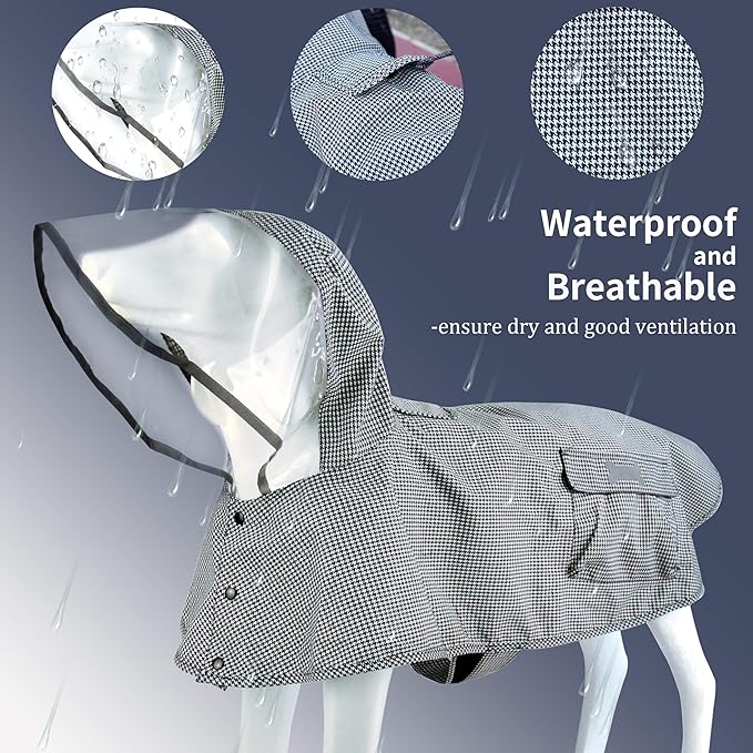 Waterproof Dog Raincoat, Adjustable Reflective Lightweight Pet Rain Clothes with Poncho Hood(X-Small,Black&White)