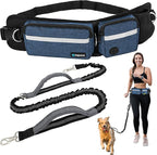 PetAmi Hands Free Dog Leash, Dog Running Leash Belt Bag for Walking, Jogging, Dog Waist Double Zipper Pouch with Poop Bag Dispenser, Dual Padded Handles Reflective Bungee Leash, Single, Navy, 1 Leash