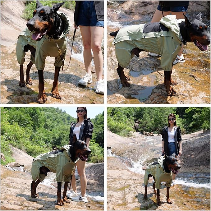 LOVELONGLONG Fleece-Lined Dog Raincoat with Removable Hood – Waterproof Winter Full Body Dog Jacket – Windproof Snowproof Cold-Weather Suit – Green-F XL