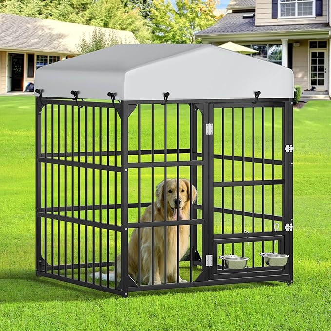 DWVO Outdoor Dog Enclosure with Rotating Feeder Bowls, 4'L x 4'W x 5'H Dog Kennel Outside with Roof, Heavy Duty Dog Cage with UV-Resistant Waterproof Cover for Small Medium Dogs