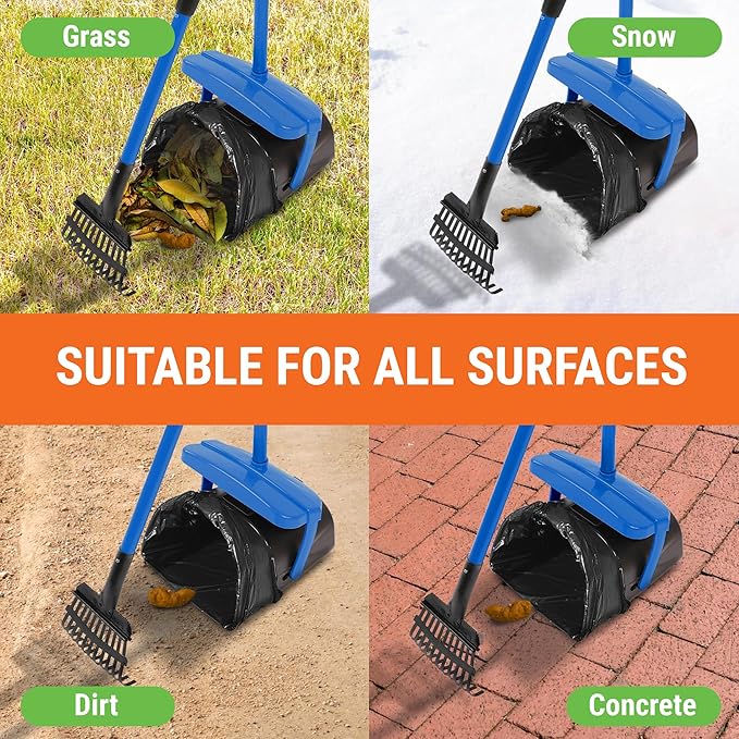 Pupzle Dog Pooper Scooper with Bag Attachment, 40" Long Handle Pooper Scooper for Large Dogs, Dog Poop Scoop for Yard, Large Capacity Swivel Bin and Rake, Lavender Scented Bags (Blue)