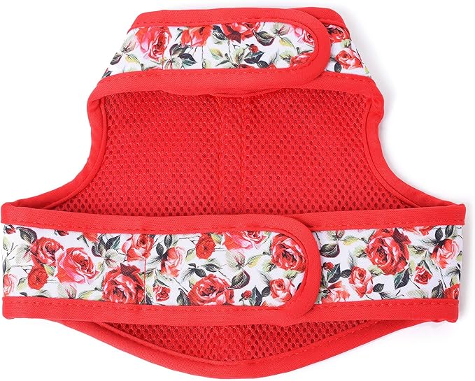 Mile High Life Dog Harness, Air Mesh Floral Vest Harness for 20 lbs Small Dogs & Cats, Easy Get on Adjustable Easy Closures Both Neck and Chest(Red Rose, S Chest 16"-18")