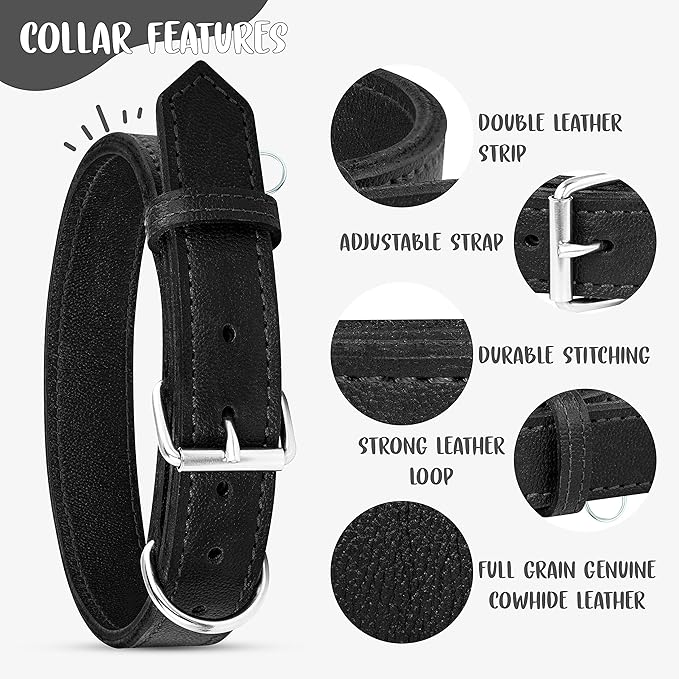 Riparo Dog Collar - Genuine Leather Dog Collars - Heavy Duty Dog Collars for Medium Large and Extra Large Dog Breeds (M: 1” Wide for 14” - 18” Neck, Black)