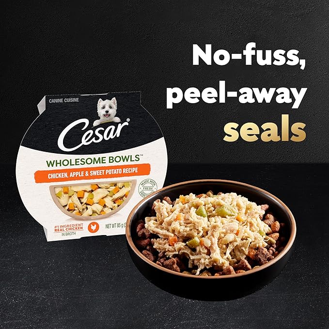 Cesar Wholesome Bowls Adult Wet Dog Food, Beef, Chicken, Carrots, Barley & Green Beans Recipe and Chicken, Apple & Sweet Potato Recipe Variety Pack, 3 oz. (6 Count, Pack of 1)