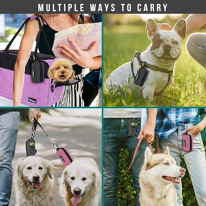 PetAmi Dog Poop Bag Holder for Leash Doggie Waste Bag Dispenser with Clip & Velcro Belt for Puppy Potty Walking Accessories Travel Camping Pet Supplies Zipper Pouch with Trash Bag Roll, Gray 1 Pack