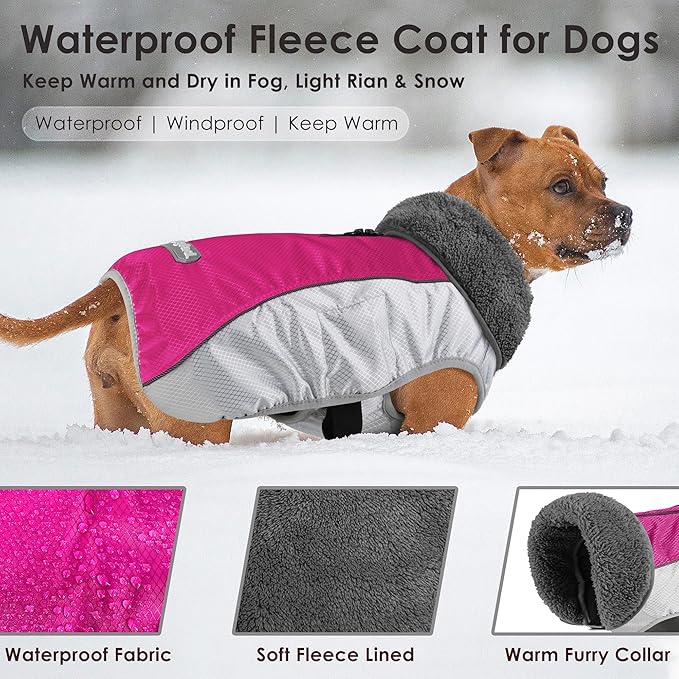 Dog Coat, Waterproof Ripstop Dog Winter Jacket with Leash Hole, Reflective Adjustable Warm Pet Fleece Snow Sweater for Small Medium Large Dogs - Rosy Red, M