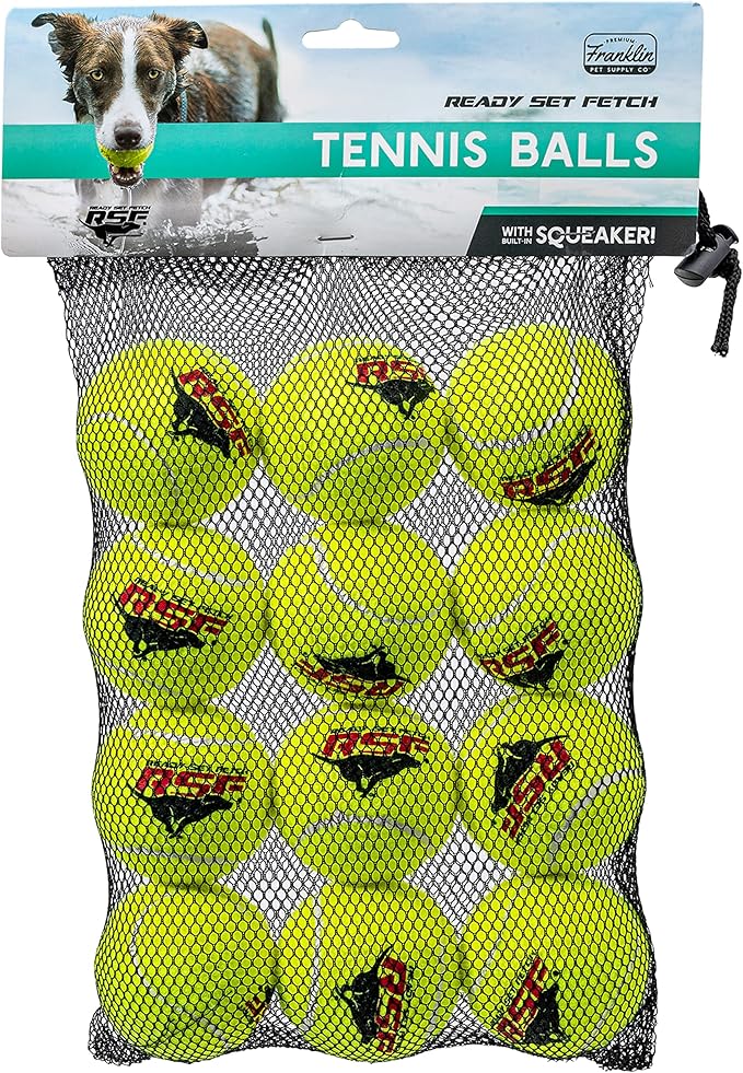 Franklin Pet Supply Co. RSF Squeak Tennis Balls - Dog Toy Squeaks When Squeezed - 12 Pack - for Small, Medium, Large Dogs - Squeaker Noise